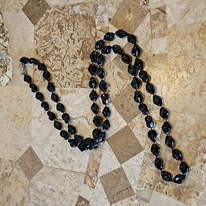 Sarah Cov Signed Tag Long Black Plastic Lucite? Beaded Bead Necklace Coventry